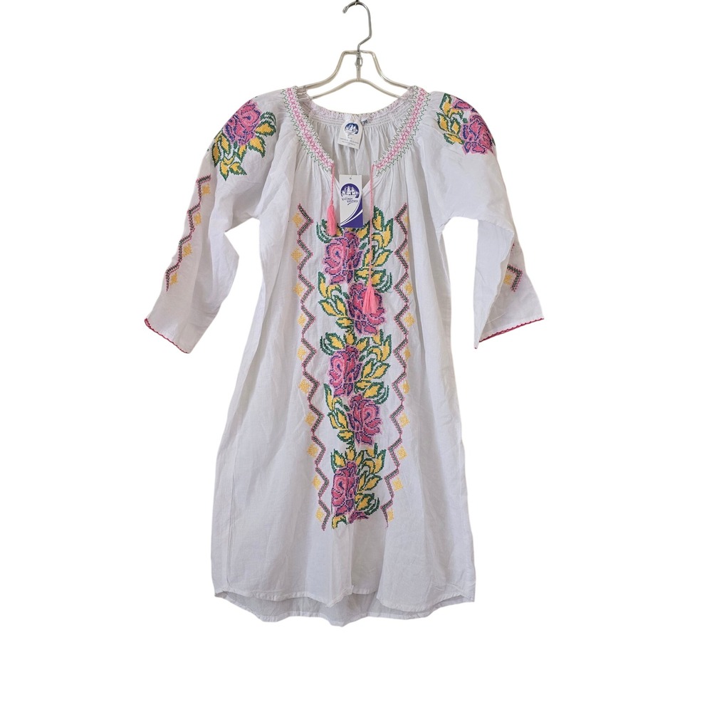 Village Venture White Cotton Floral Embroidered Peasant Dress Tassel Boho Sz 38